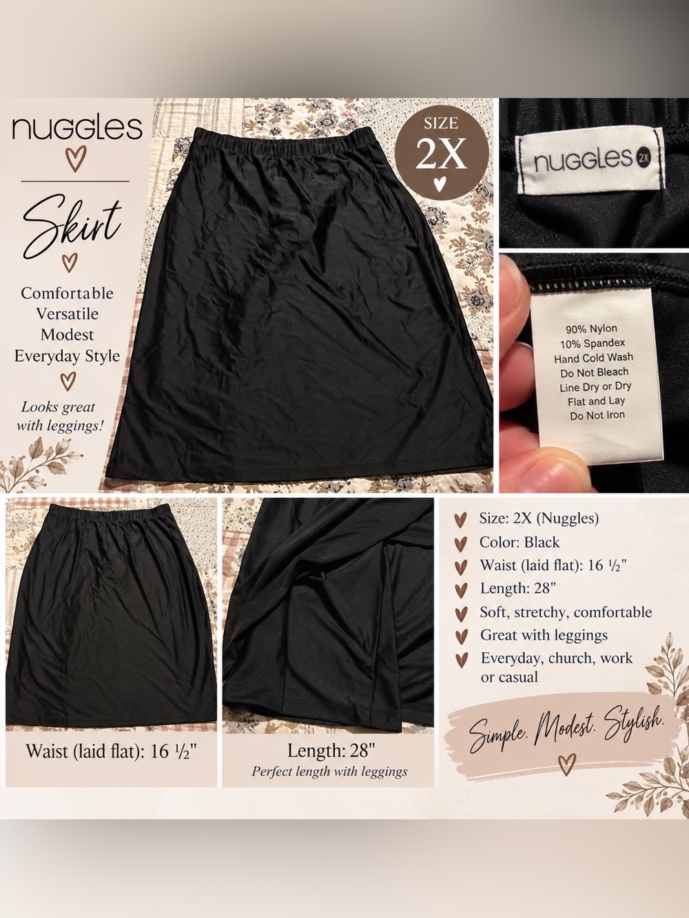 Nuggles 2X Black Skirt with Built-In Leggings Stretch Pull-On Modest